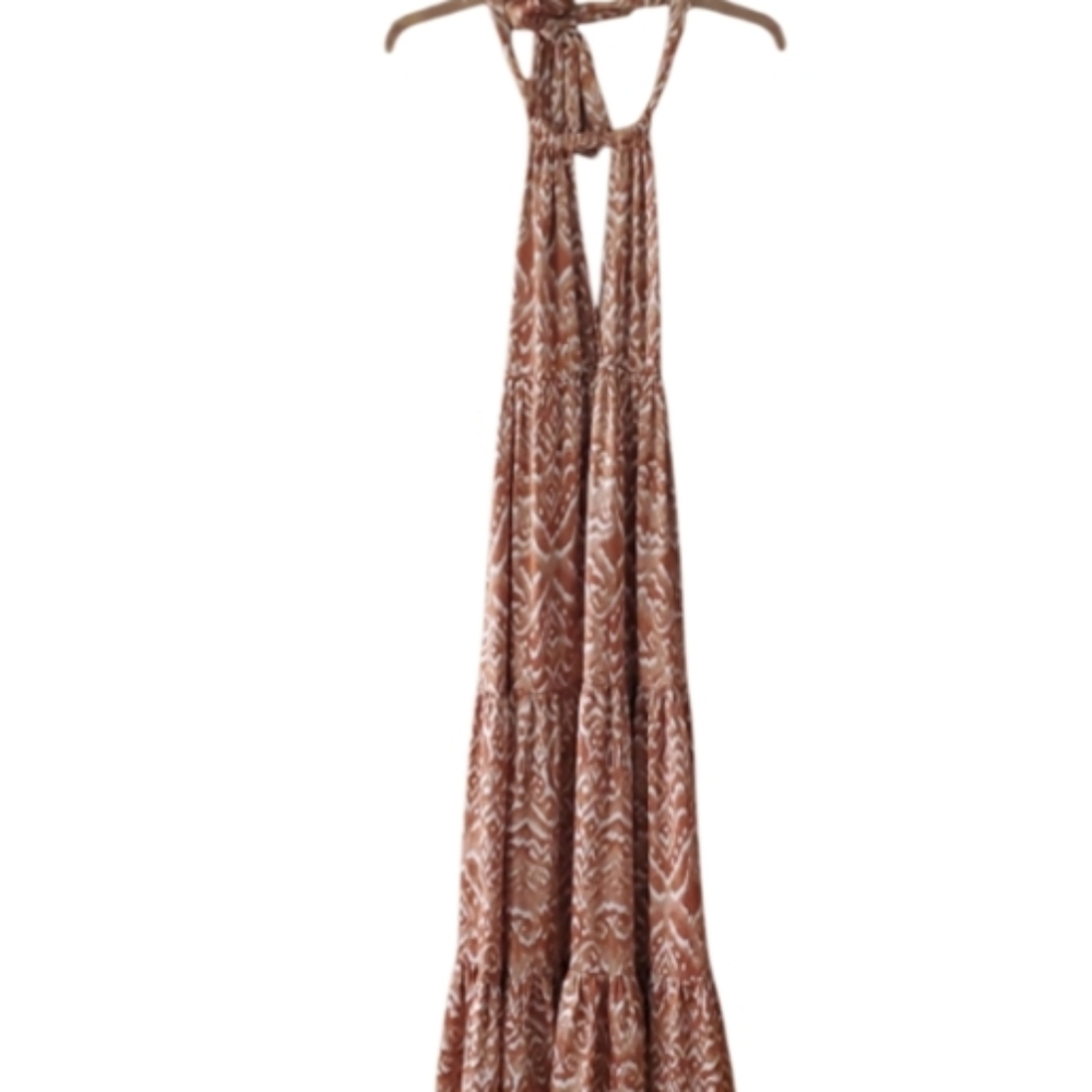 Aakaa Rust Brown and White Batik Print Halter Maxi Dress Size Small